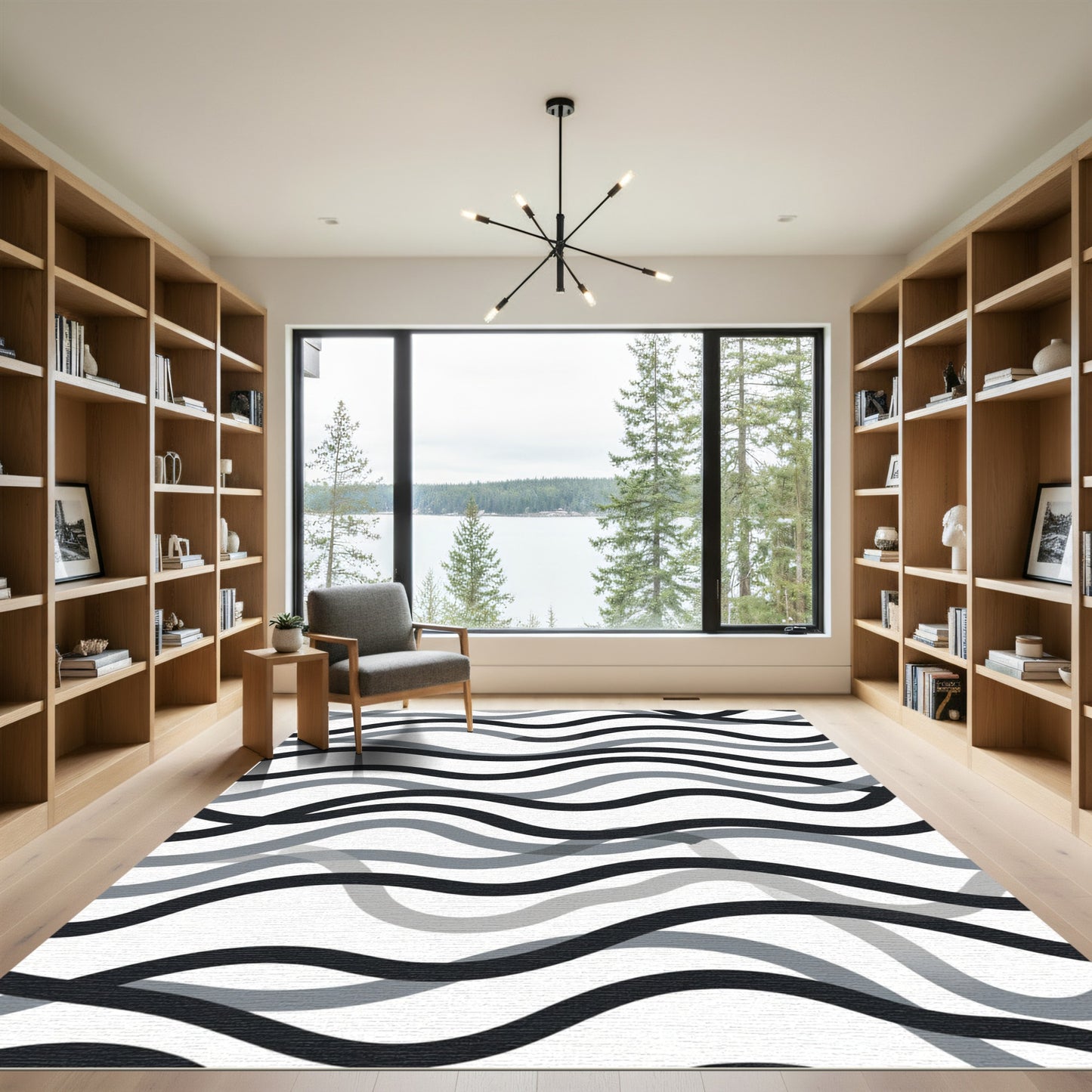 Modern Black Gray Wave Lines Rug