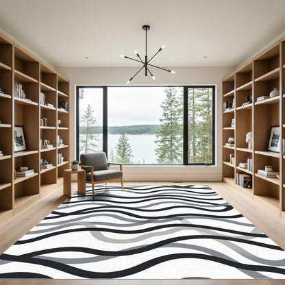 Modern Black Gray Wave Lines Rug