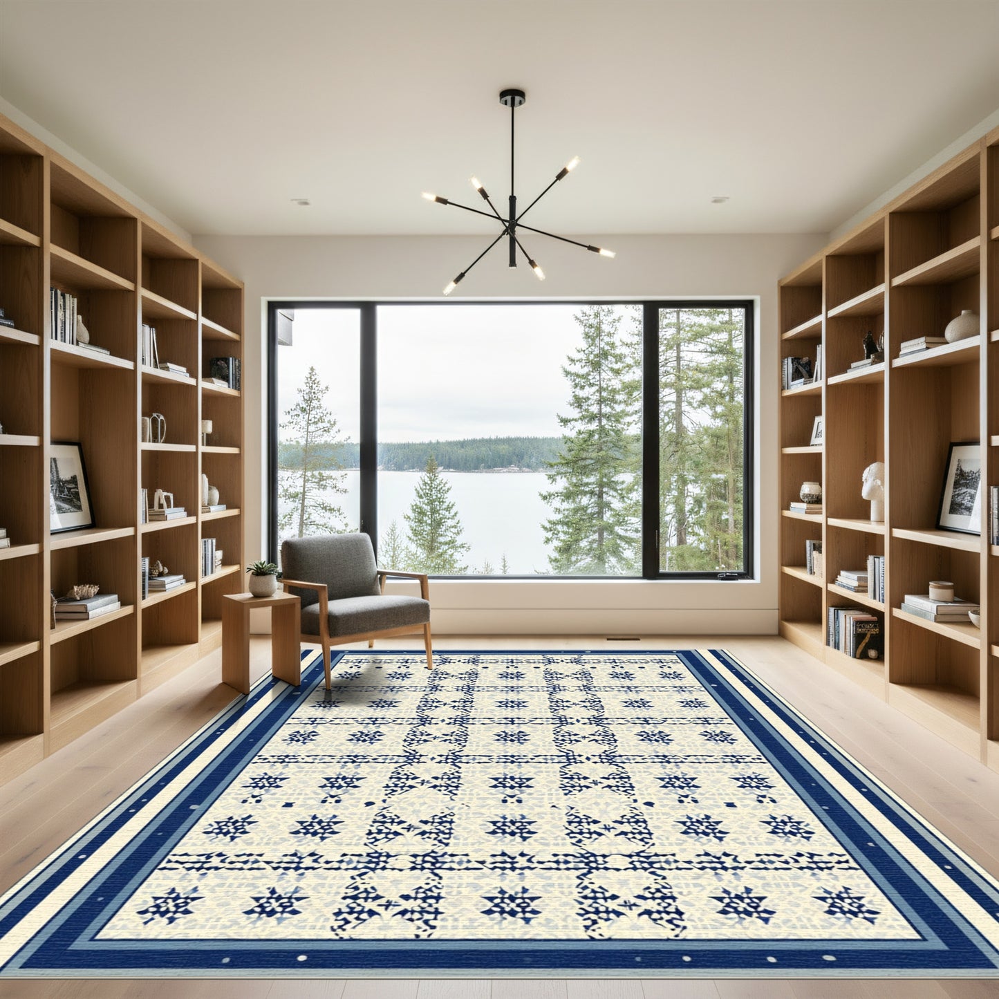 Muted Blue Geometric Grid Star Rug
