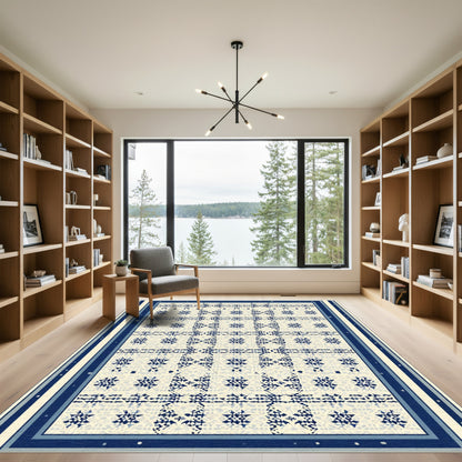 Muted Blue Geometric Grid Star Rug