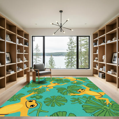 Yellow Frogs Green Lily Pads Aqua Background Rug