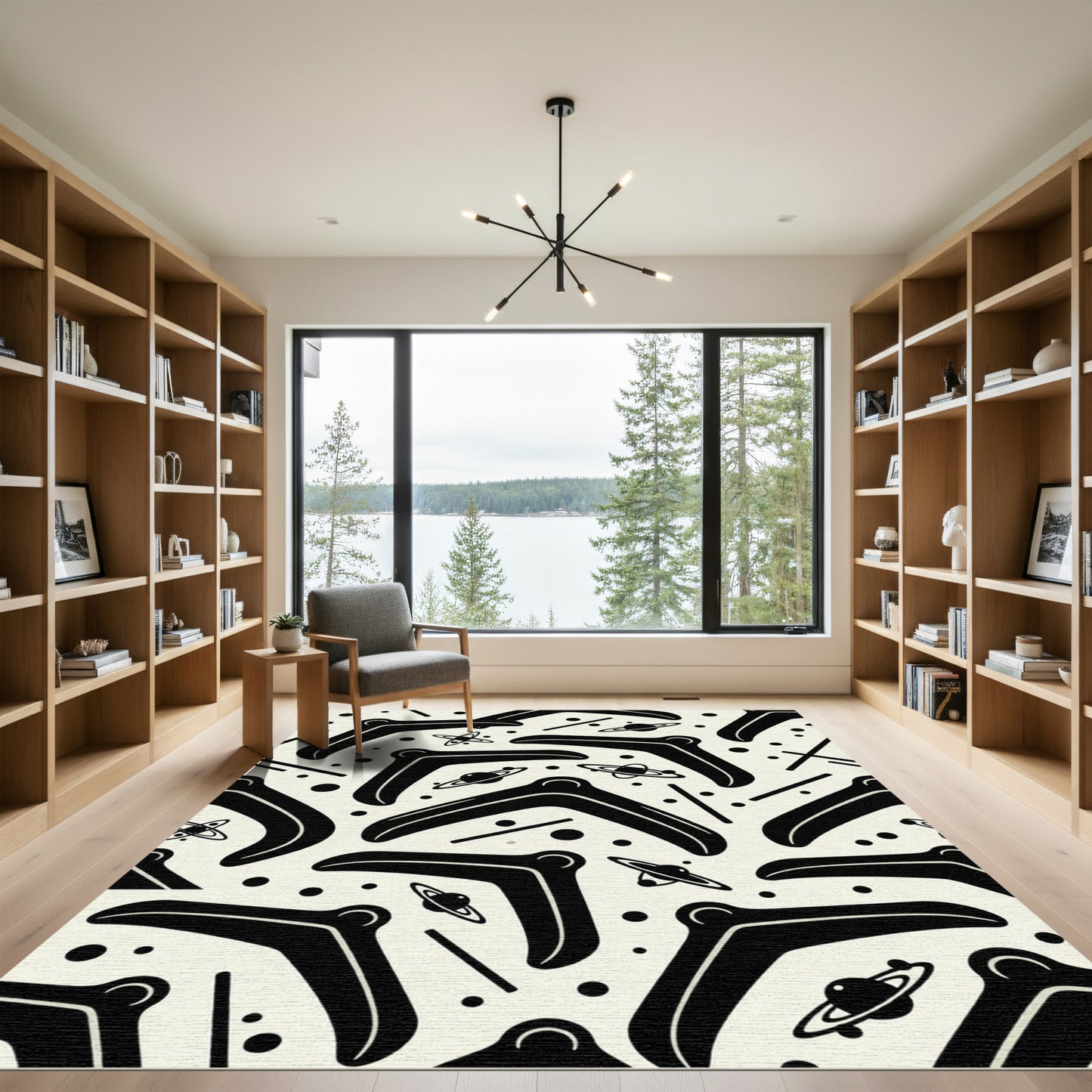 Retro Black Boomerang Space Odyssey Rug