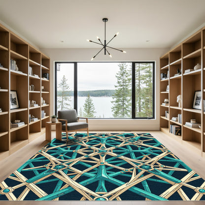 Geometric Teal and Gold Interlocking Structure Rug