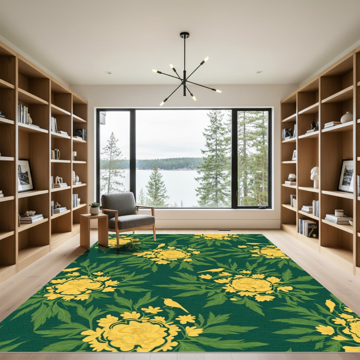 Golden Yellow Floral Birds Emerald Pattern Rug