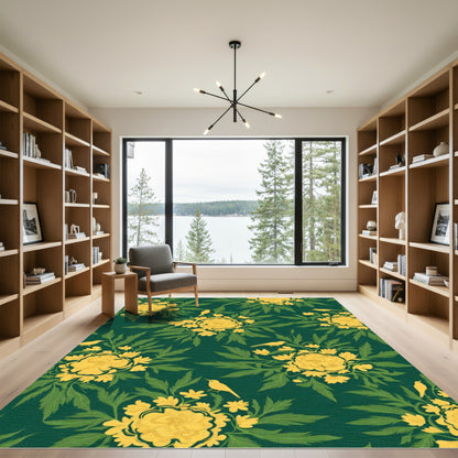 Golden Yellow Floral Birds Emerald Pattern Rug