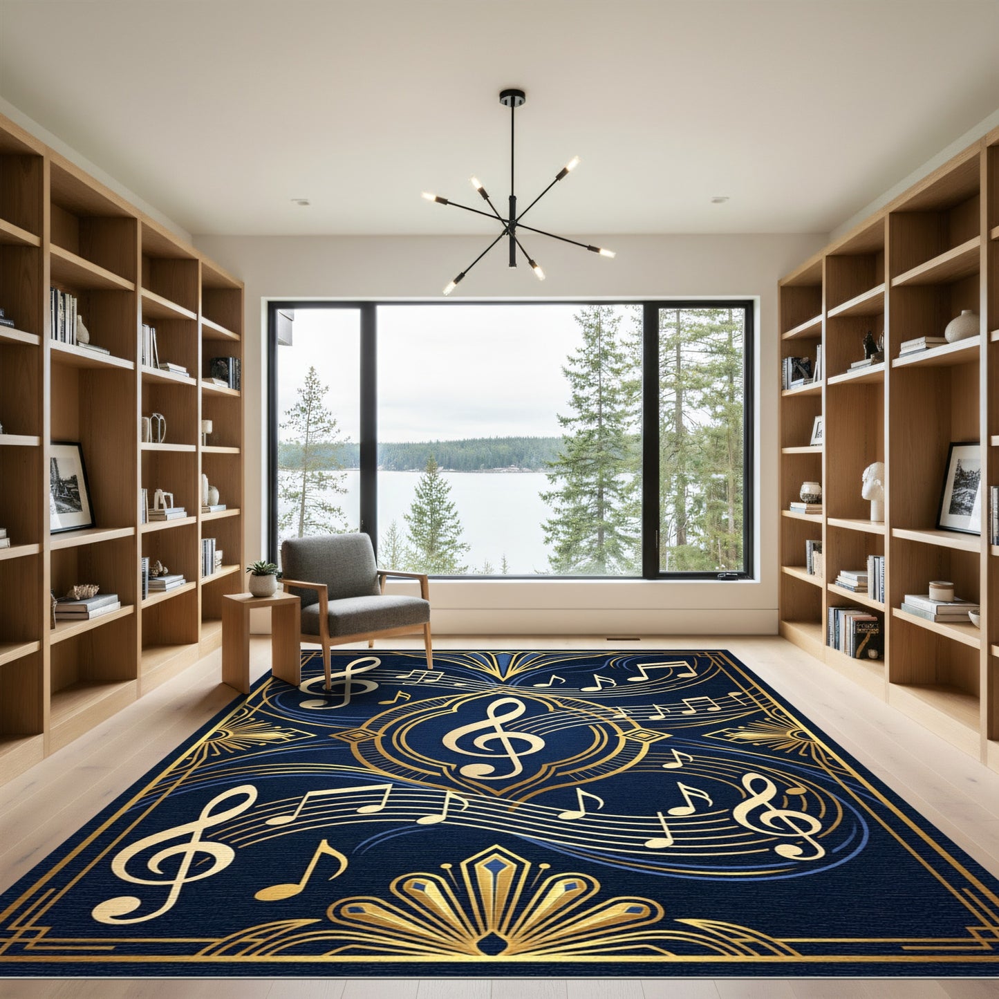 Art Deco Navy Golden Musical Notes Rug