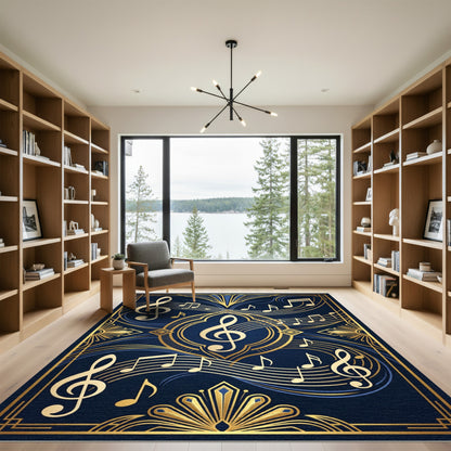 Art Deco Navy Golden Musical Notes Rug