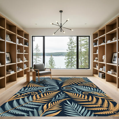 Golden Blue Fern Frond Garden Rug