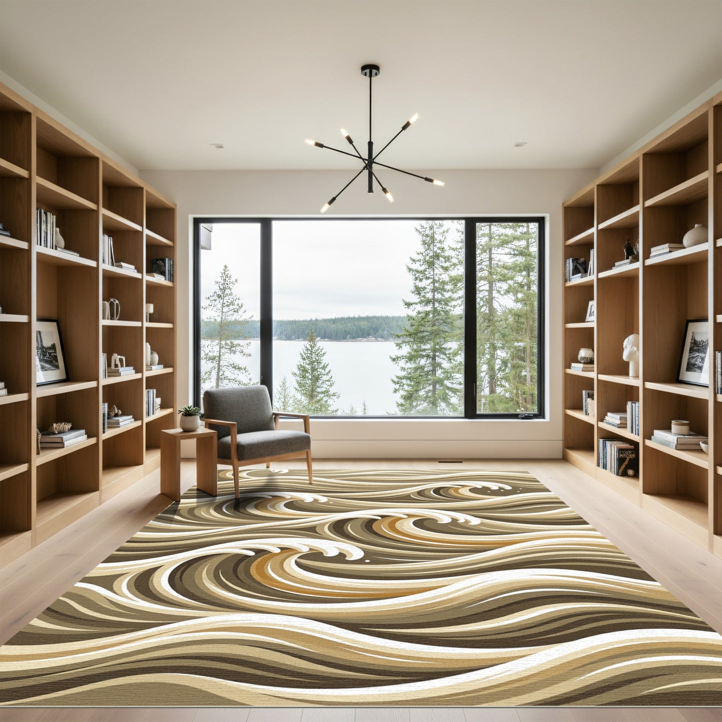 Brown And Cream Abstract Wave Rug