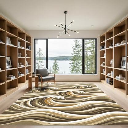 Brown And Cream Abstract Wave Rug