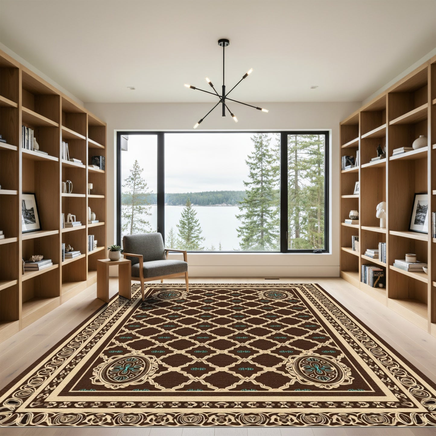Brown Cream Teal Medallion Lattice Decor Rug