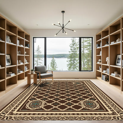 Brown Cream Teal Medallion Lattice Decor Rug