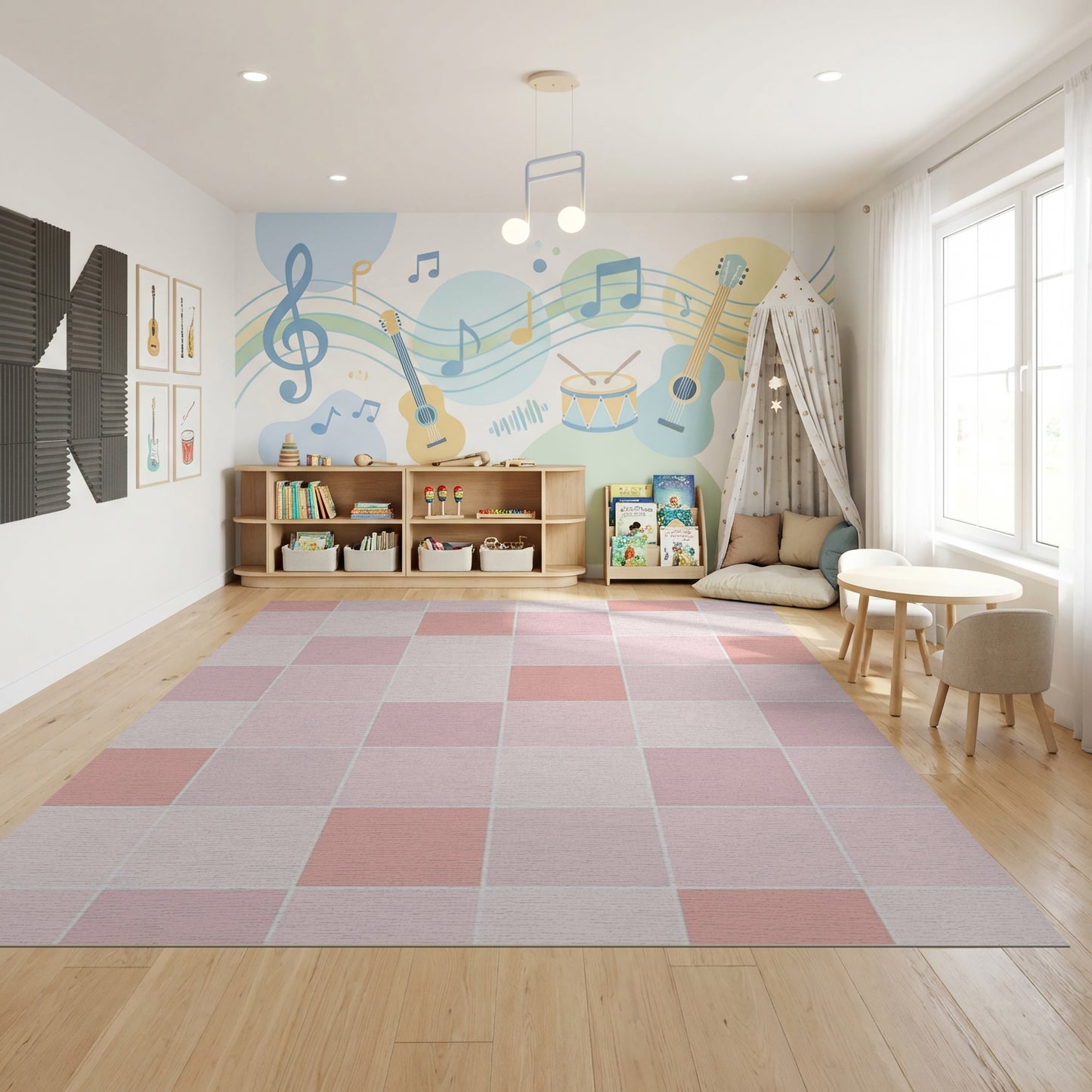 Blush Pink Geometric Grid Rug
