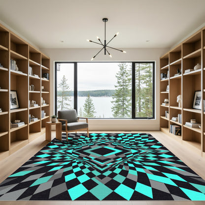 Cyan Geometric Diamond Hypnotic Illusion Rug