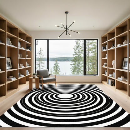 Black White Concentric Circles Rug