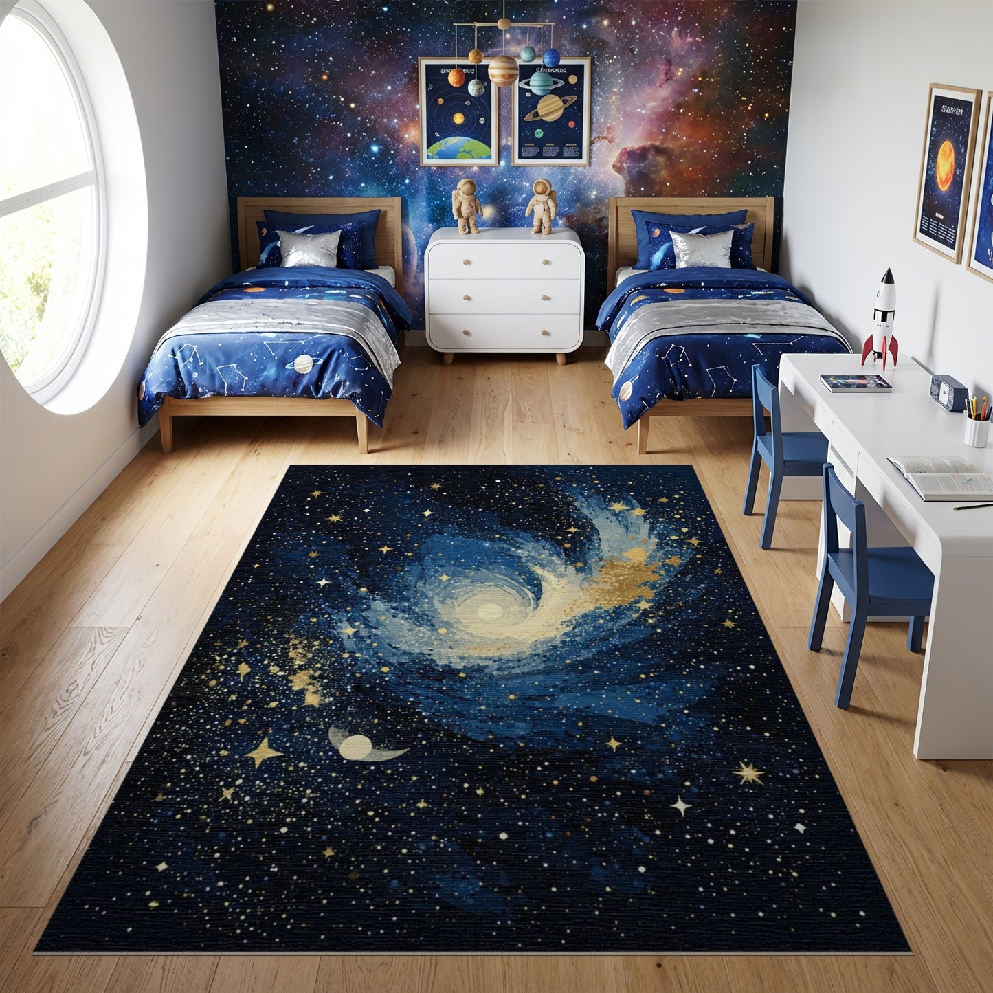 Navy Galaxy Swirl Stars Moon Rug