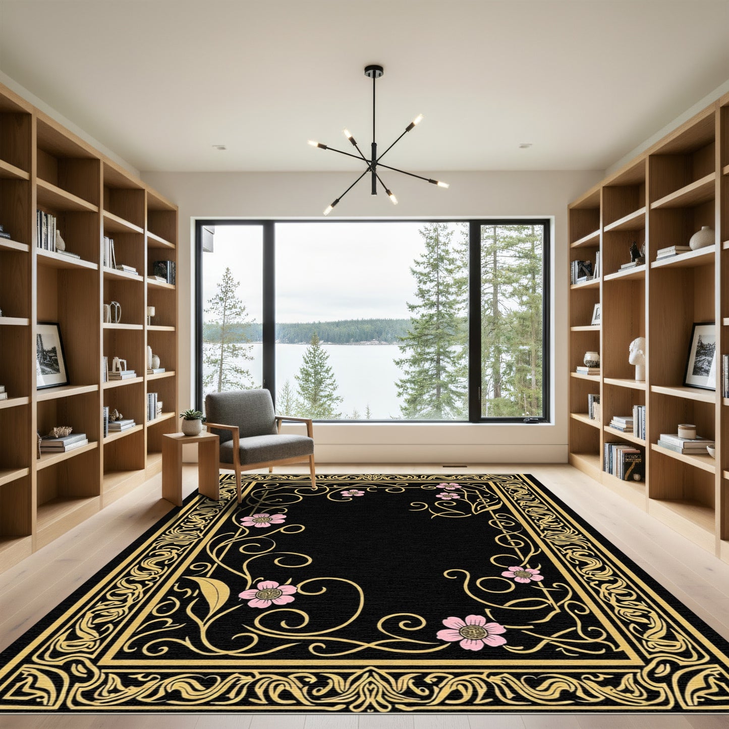 Golden Floral Swirl Black Border Rug