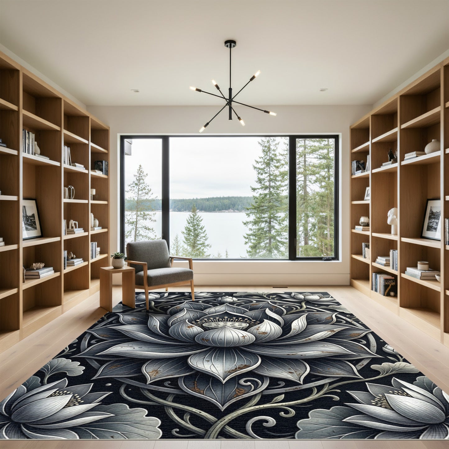 Elegant Monochrome Lotus Medallion Rug