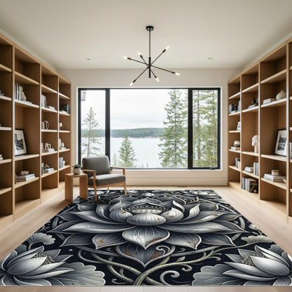 Elegant Monochrome Lotus Medallion Rug