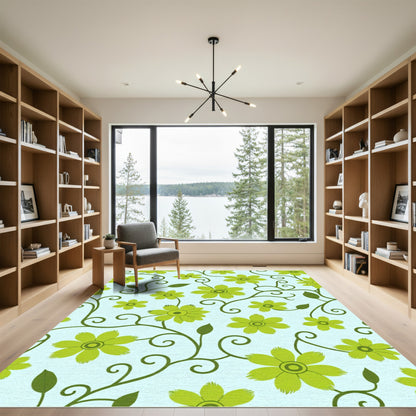 Bright Green Floral Vine Scroll Rug