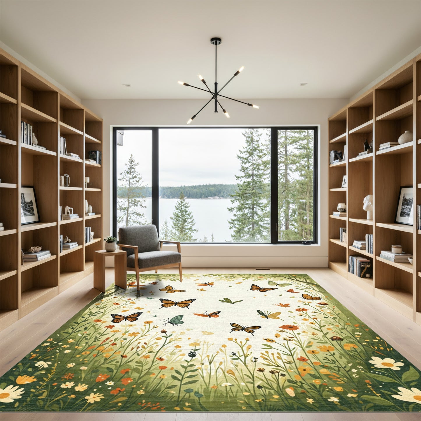 Vibrant Orange Butterfly Meadow Garden Rug