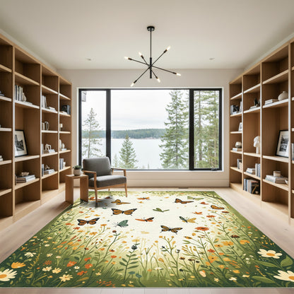 Vibrant Orange Butterfly Meadow Garden Rug