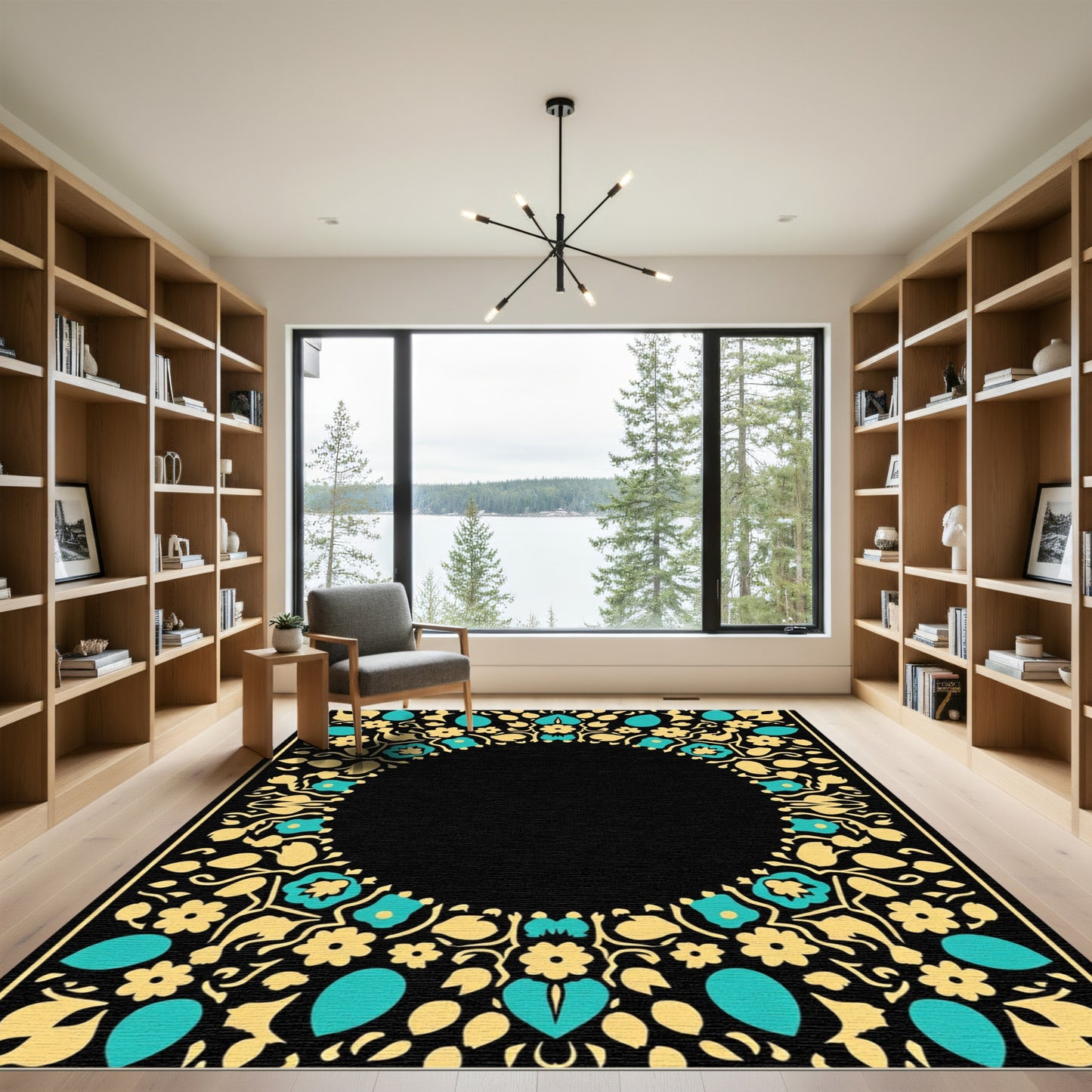 Golden Teal Floral Arabesque Border Rug