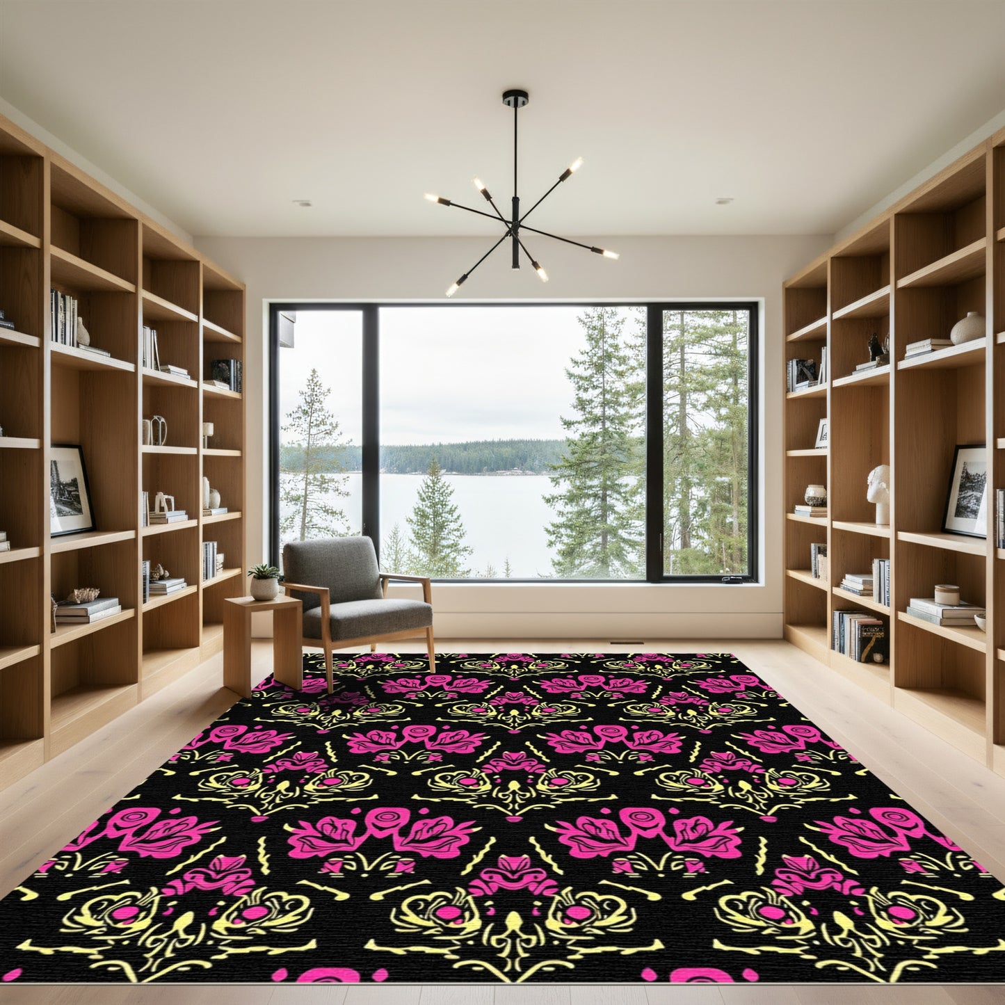Bold Pink Yellow Floral Damask Rug