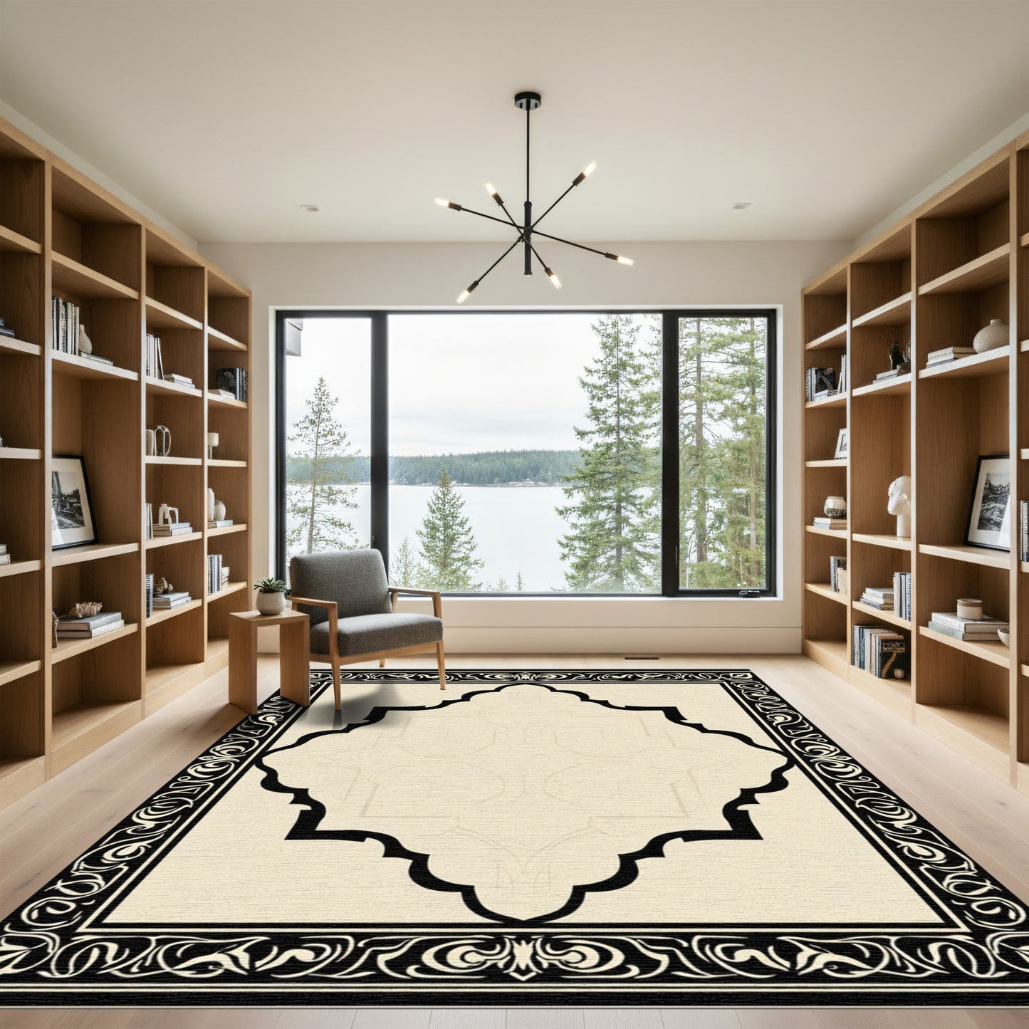 Elegant Creme Black Arabesque Frame Rug
