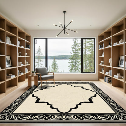 Elegant Creme Black Arabesque Frame Rug