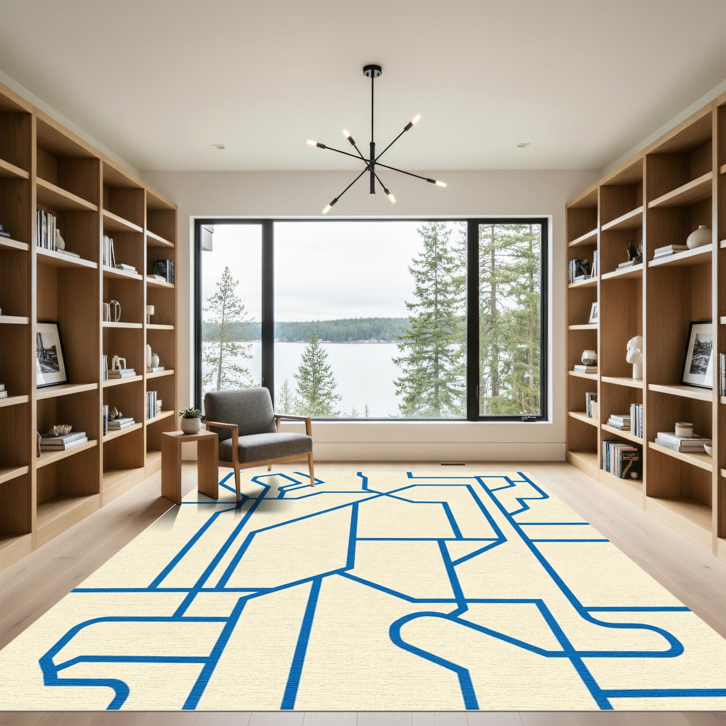 Abstract Blue Geometric Maze Rug
