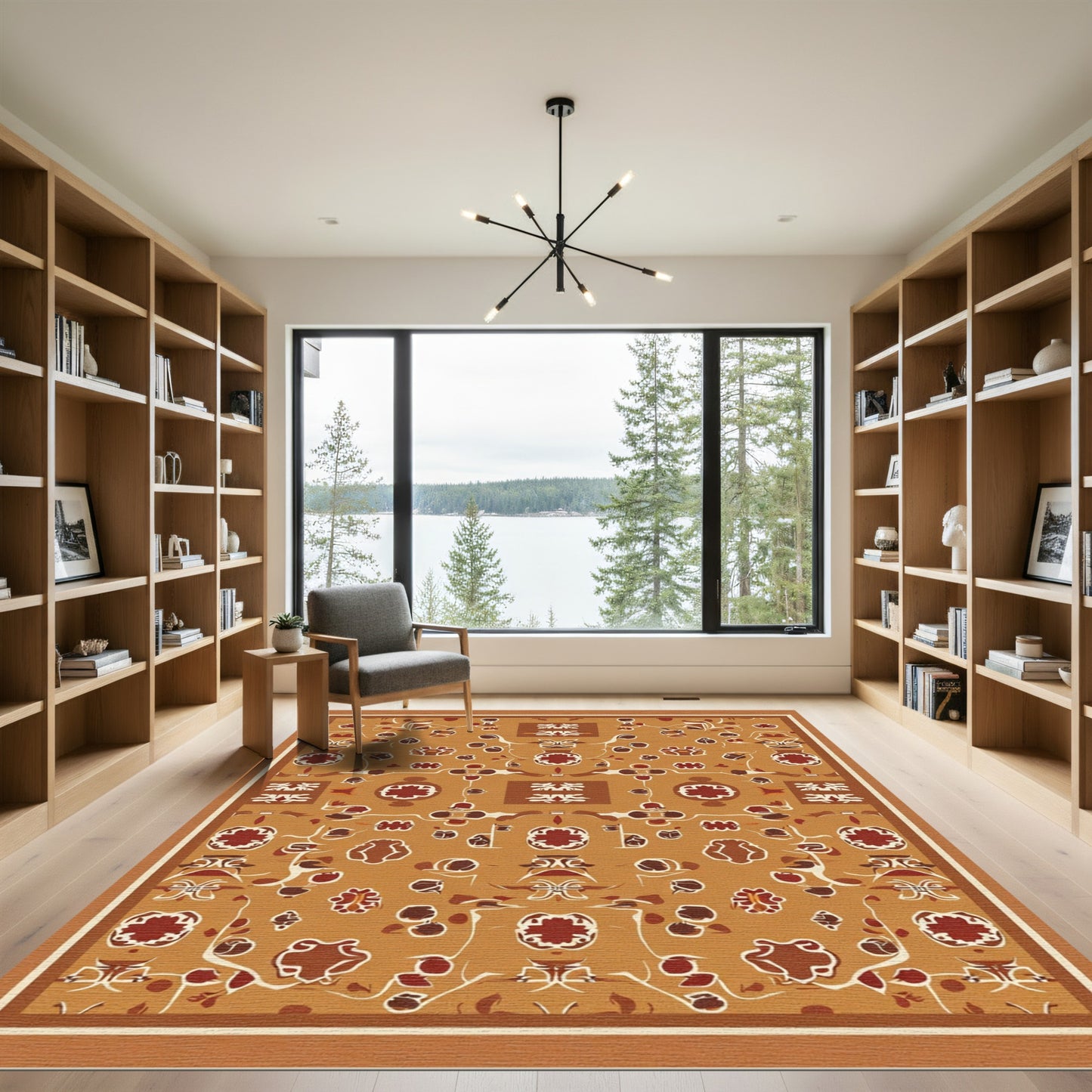 Earthy Ochre Rustic Floral Medallion Rug