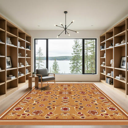 Earthy Ochre Rustic Floral Medallion Rug