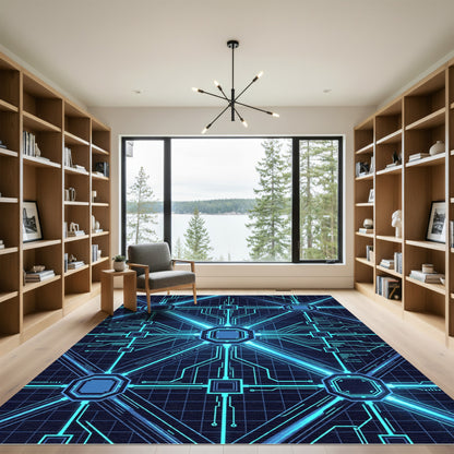 Cybernetic Neon Blue Geometric Grid Rug