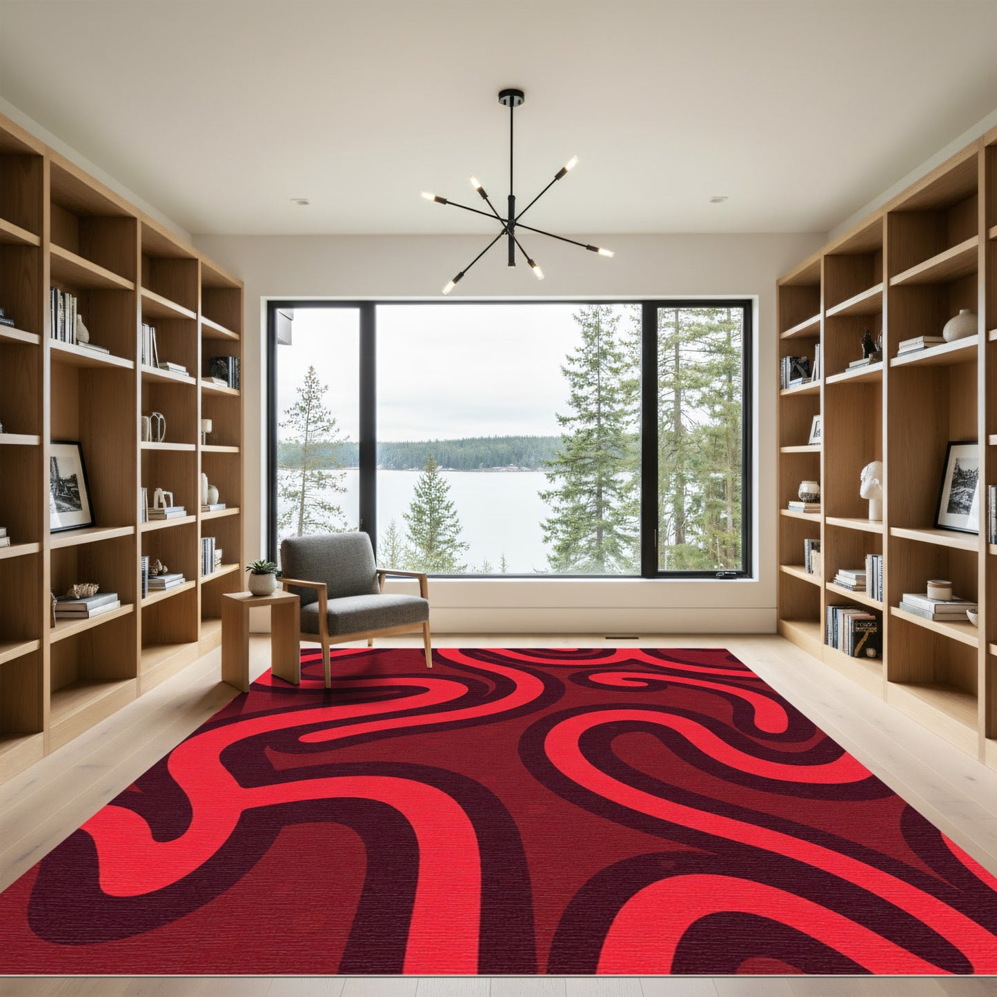 Crimson Red Abstract Swirls Rug