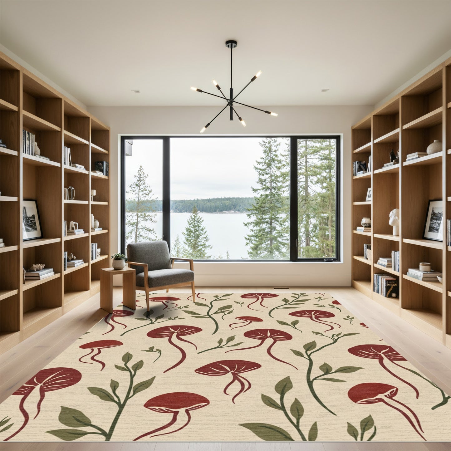 Deep Red Mushroom Forest Vines Rug