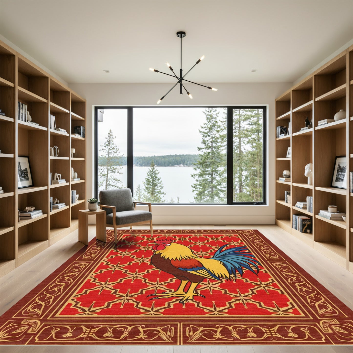Bold Red Rooster Geometric Tapestry Rug