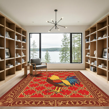 Bold Red Rooster Geometric Tapestry Rug