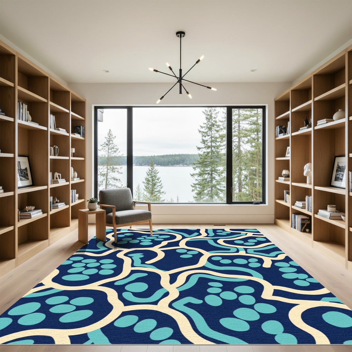 Navy Aqua Cream Abstract Irregular Shapes Rug