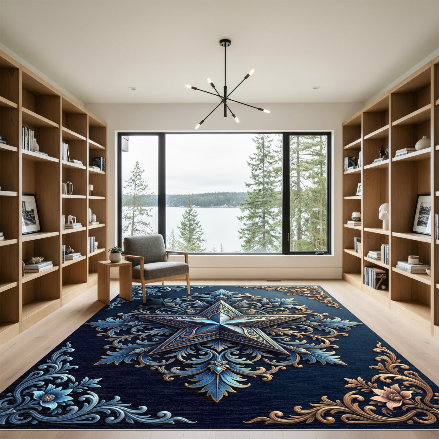 Ornate Blue and Gold Star Medallion Rug