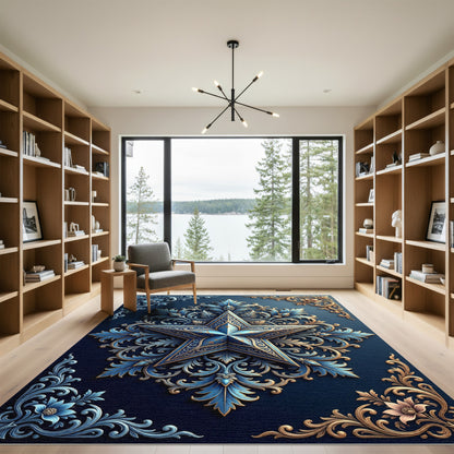 Ornate Blue and Gold Star Medallion Rug