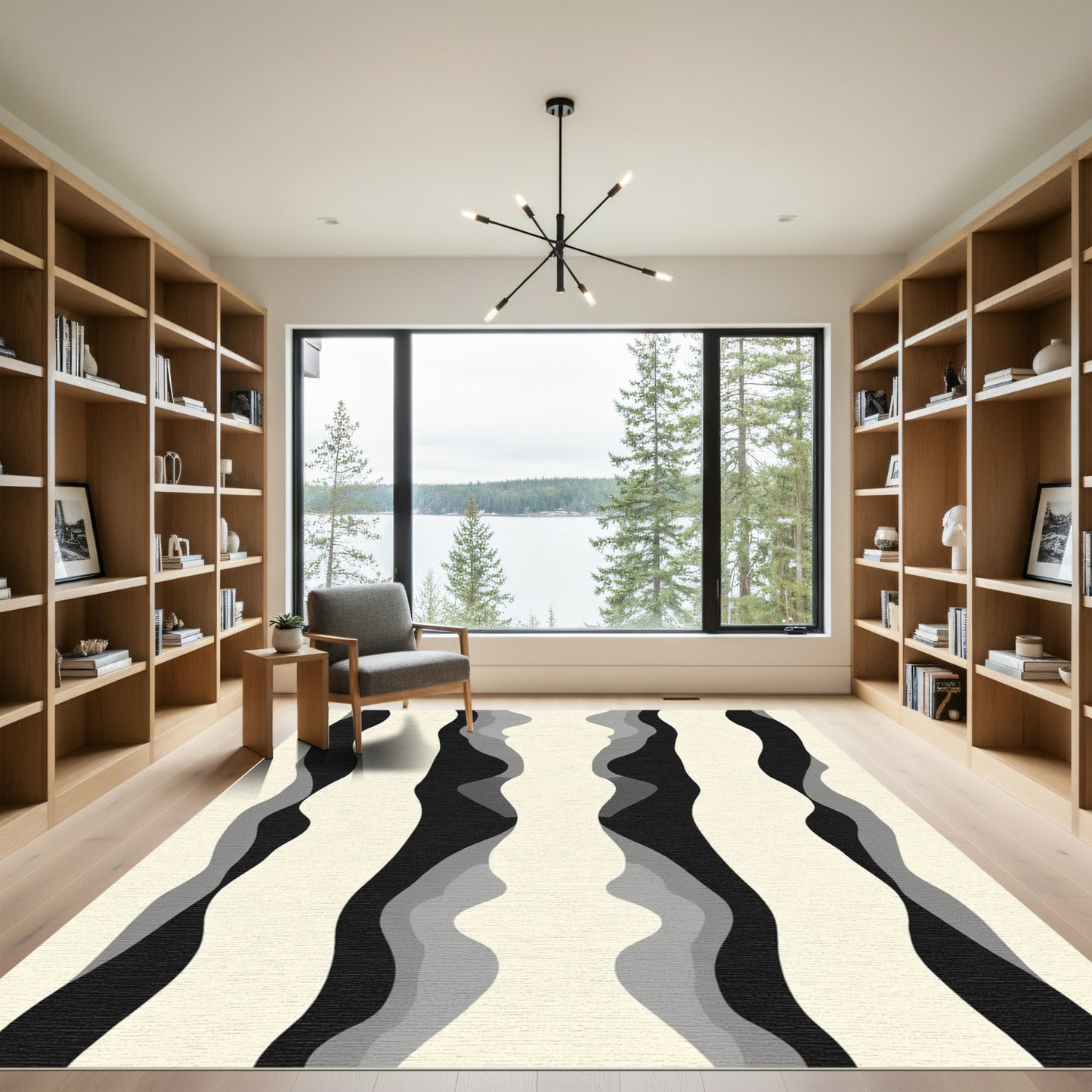 Abstract Cream Black Gray Wavy Stripes Rug