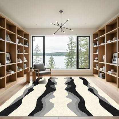 Abstract Cream Black Gray Wavy Stripes Rug