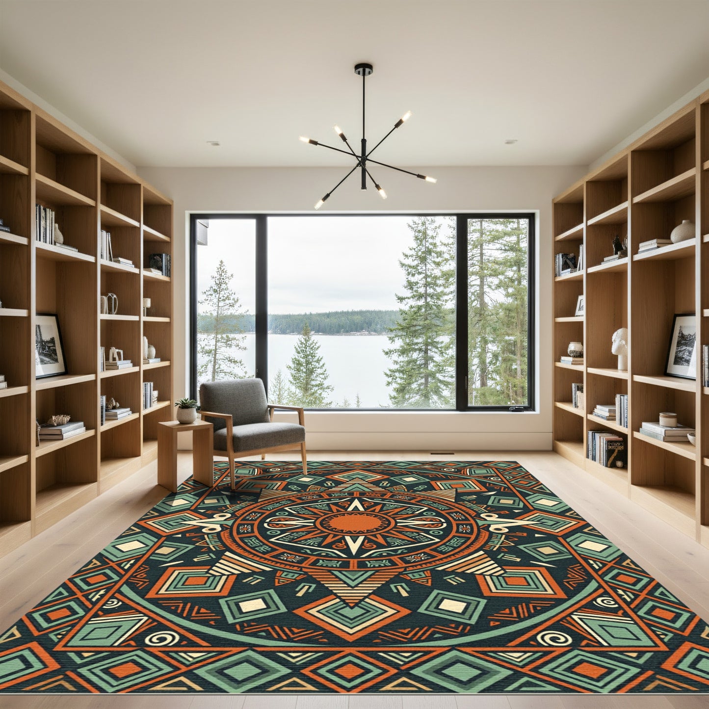 Geometric Sunburst Aztec Teal Orange Art Rug
