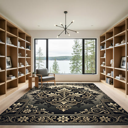 Elegant Gold Black Ornate Acanthus Scroll Rug