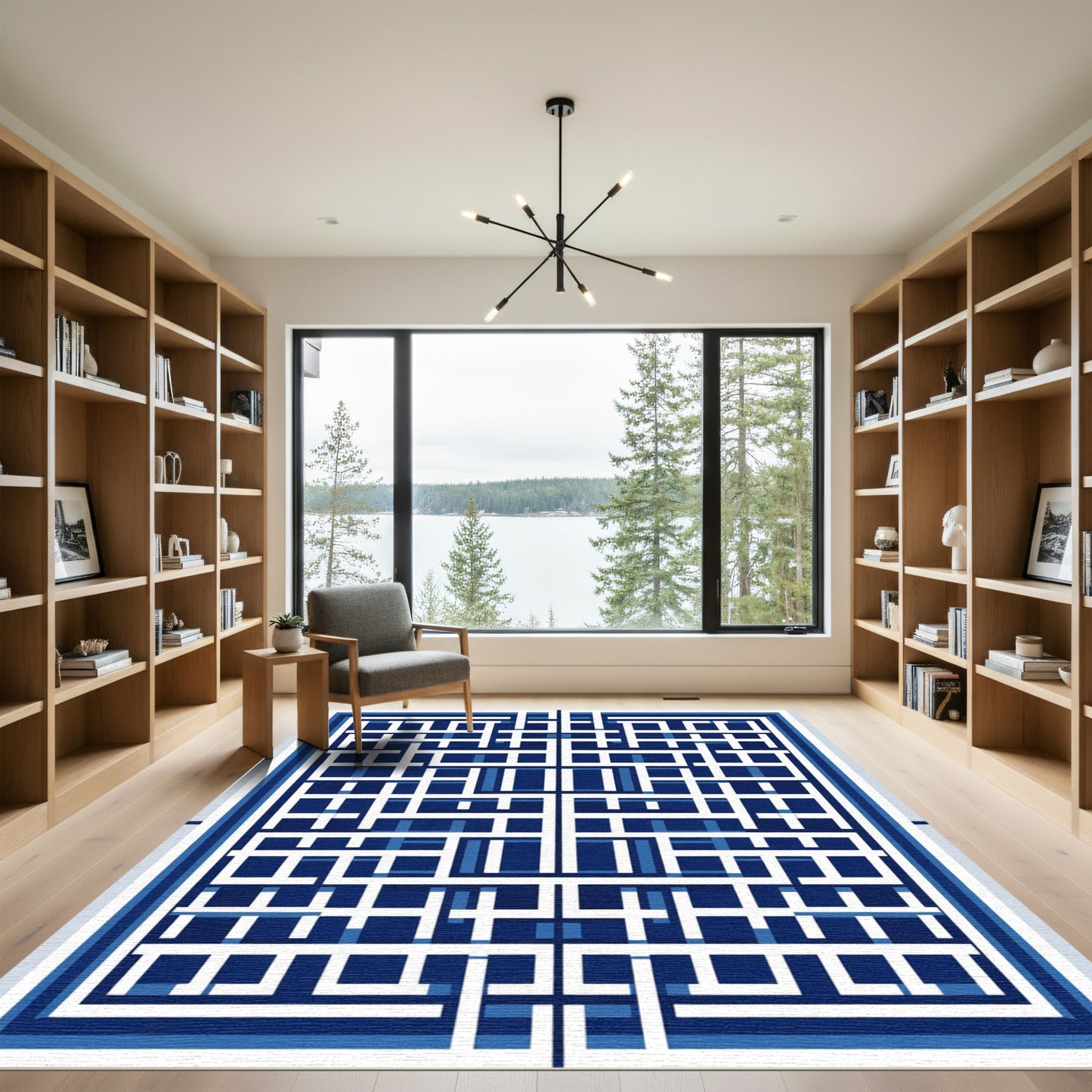 Navy White Interlocking Geometric Squares Rug