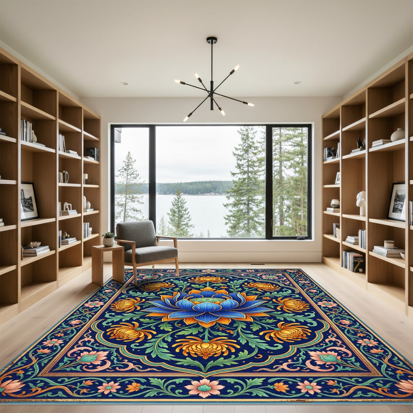 Vibrant Blue Lotus Golden Chrysanthemum Medallion Rug