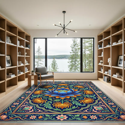 Vibrant Blue Lotus Golden Chrysanthemum Medallion Rug