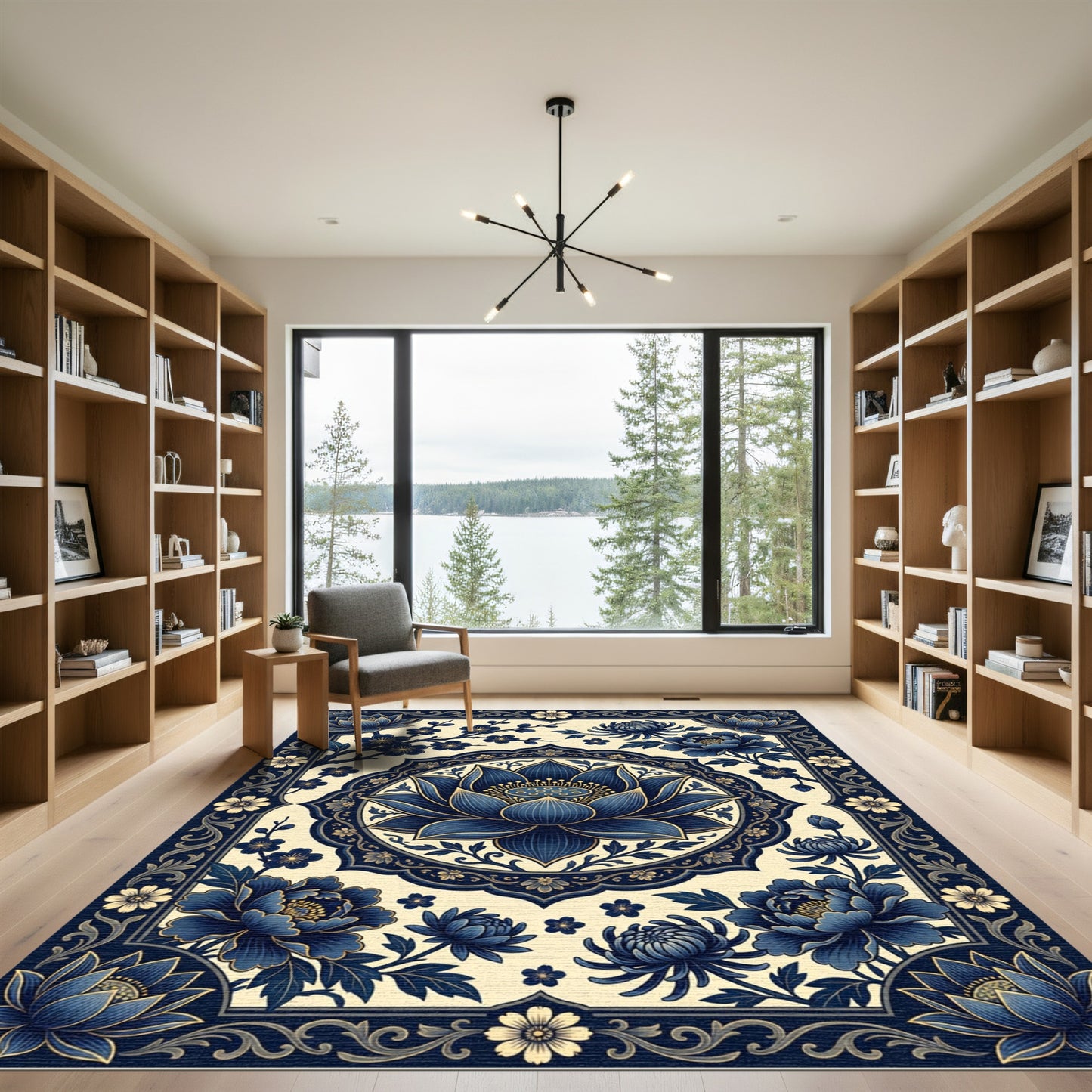 Elegant Indigo Lotus Floral Medallion Rug
