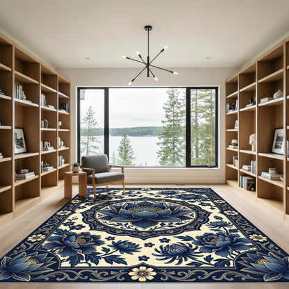 Elegant Indigo Lotus Floral Medallion Rug